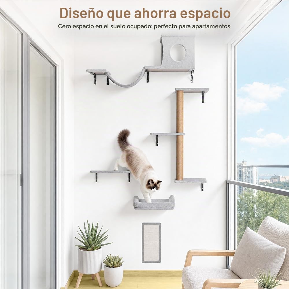 PawGiant Estantes 5 en 1 para Gatos, Juego de Muebles de Pared de Madera | Escalador de Gatitos con Poste Rascador de Árbol, Rascador, Puente Colgante y Descanso, Hasta 18 kg, Gris Claro