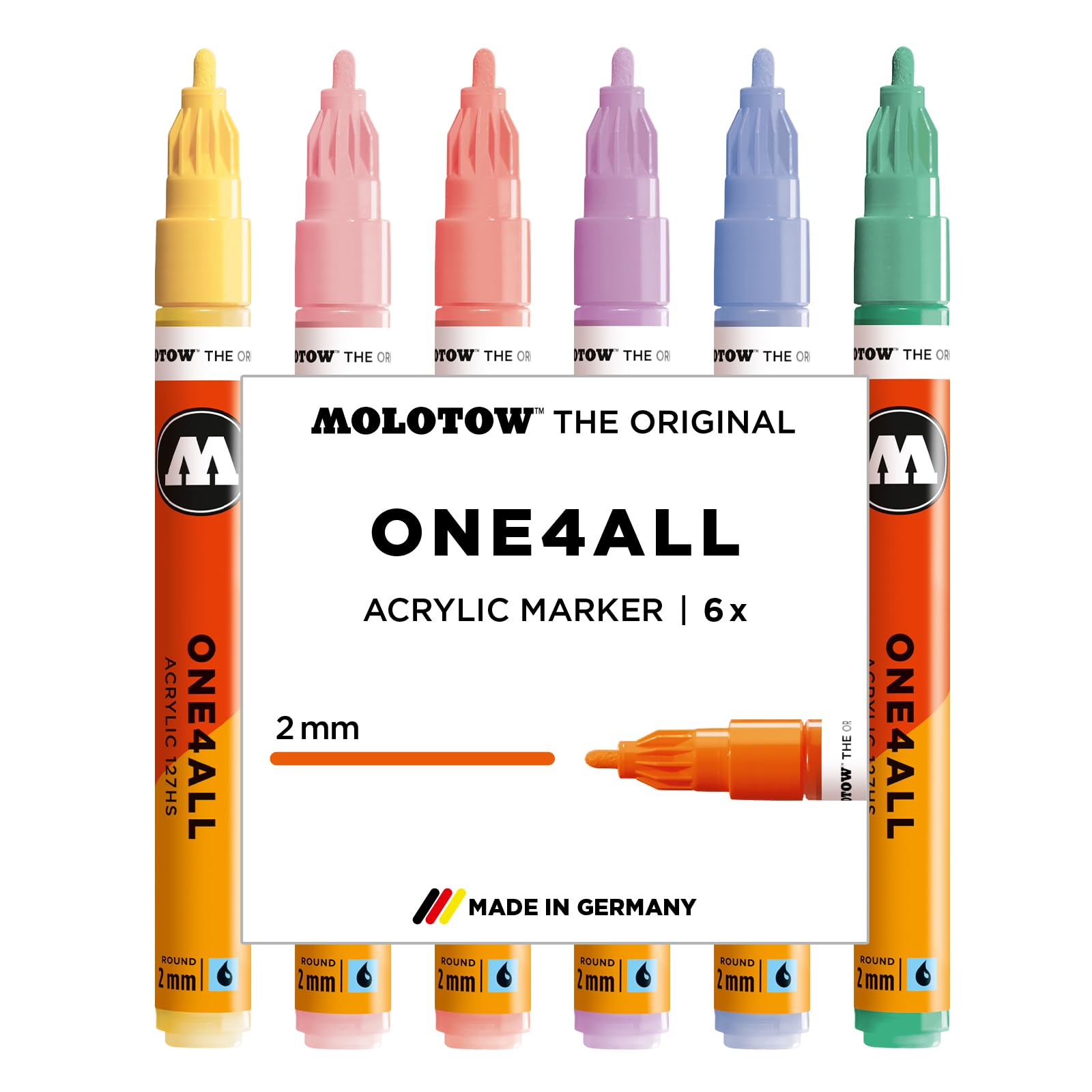 Molotow One4All 127HS Acrylic Marker Pastel Classic Set (2.0 mm Line Width, High Coverage and Permanent, Quick Drying, Refillable, for Almost All Surfaces) Pack of 6 Assorted Colours