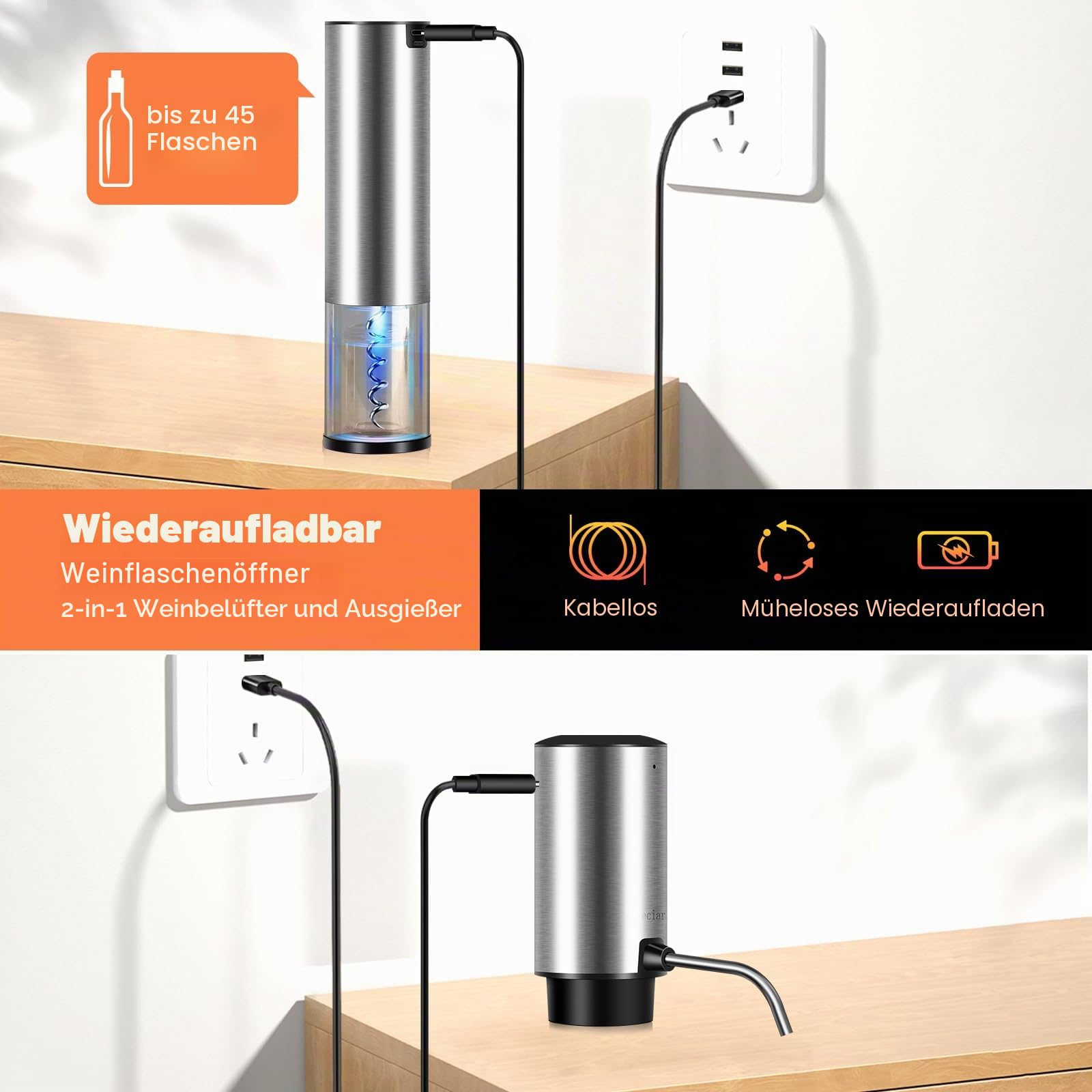 Elektrischer Weinkorkenzieher 4-in-1 Geschenkbox Set mit Automatischer Weindekanter & Weinöffner, Vakuumstopfen, Kapselschneider - USB-C Schnelladung für Weinliebhaber
