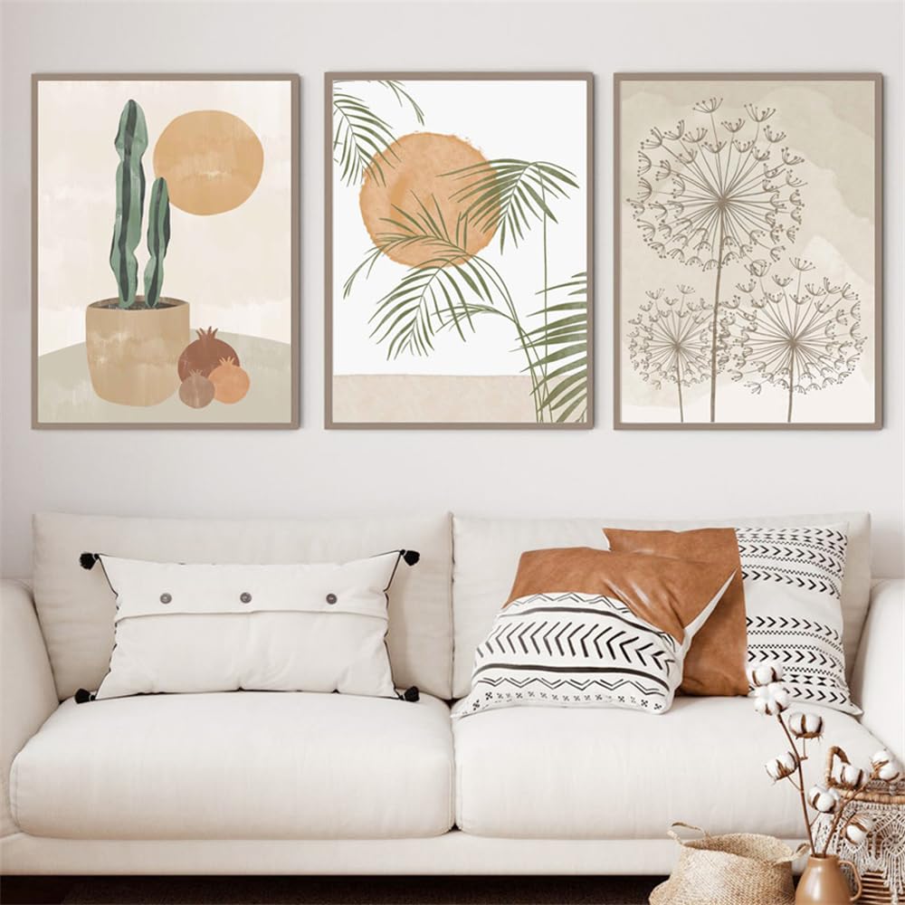 WBYZAC Botanical Posters-Beige Natural Leaf Dandelions Cactus Boho Wall Art Canvas Painting Nordic Posters and Prints Wall Pictures for Living Kitchen Room Decor-60 * 70cm*3PCS (No Frame)