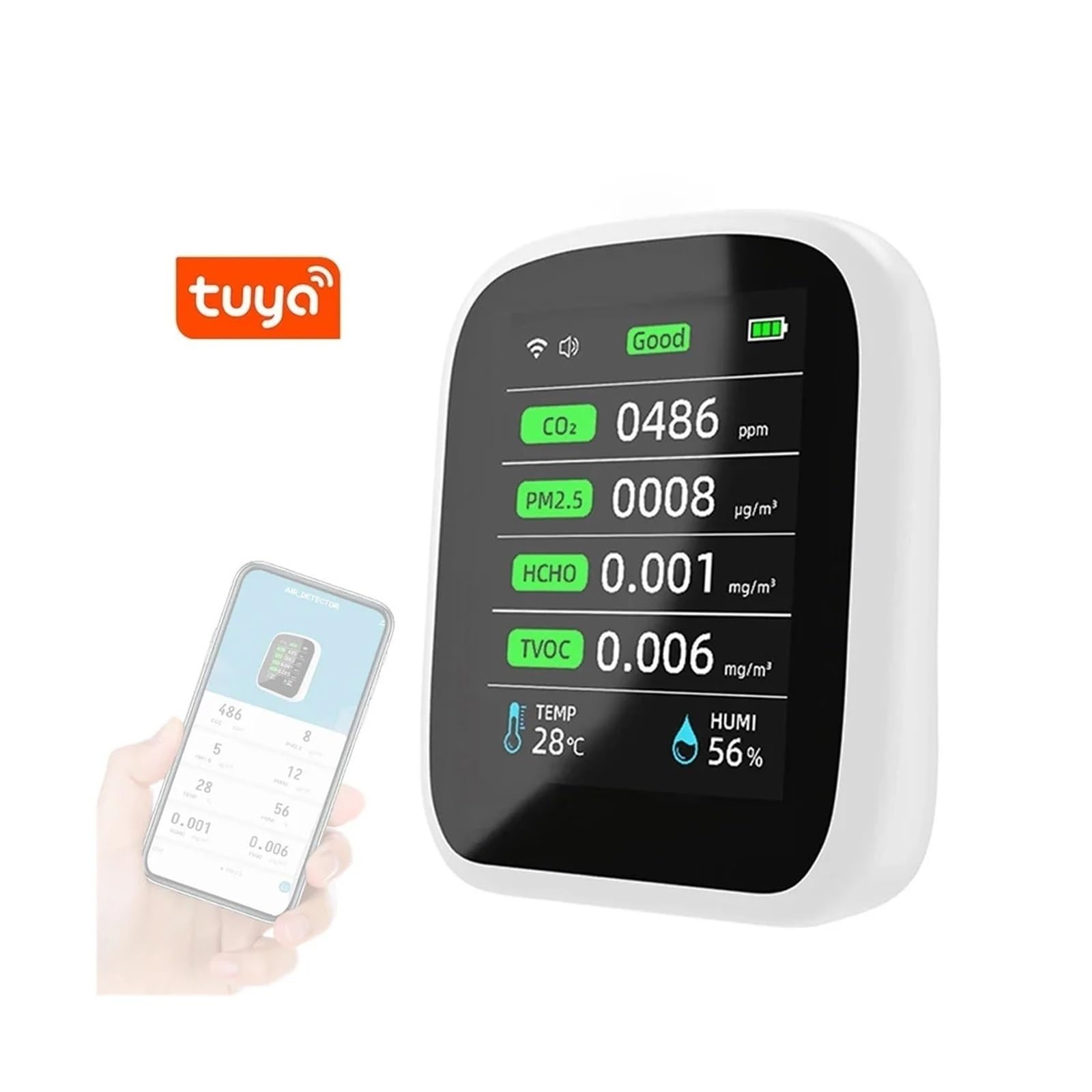 Rilevatore di gas, 8 in 1 Tuya Wifi PM1.0 PM2.5 PM10 CO2 TVOC HCHO Tester di temperatura e umidità Misuratore portatile a qualità 'aria Rilevatore anidride carbonica