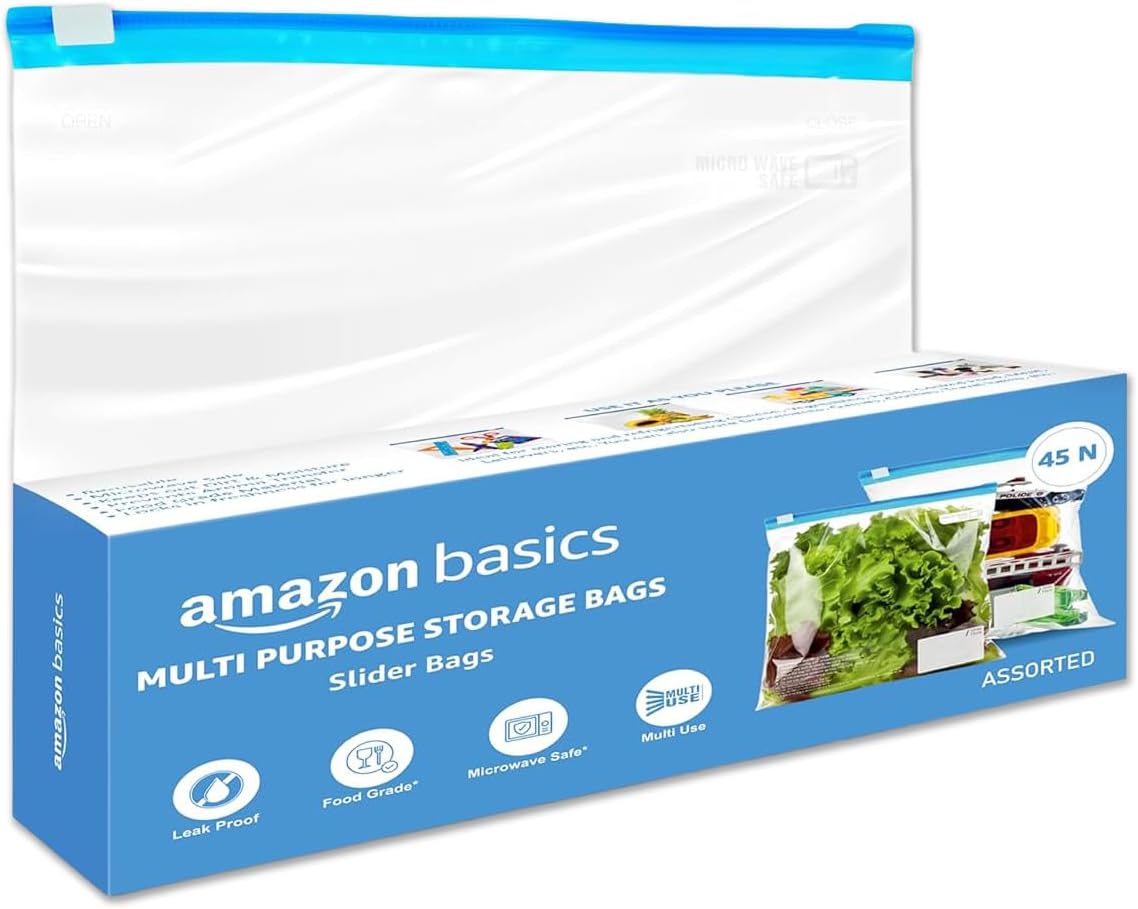 Amazon Basics - Multipurpose Slider Storage Bags | 45 Bags | Assorted Sizes, 15 Each - S, M, L | Reusable and Reclosable | Material Plastic | Leak- Proof | Food Grade | Microwave Safe