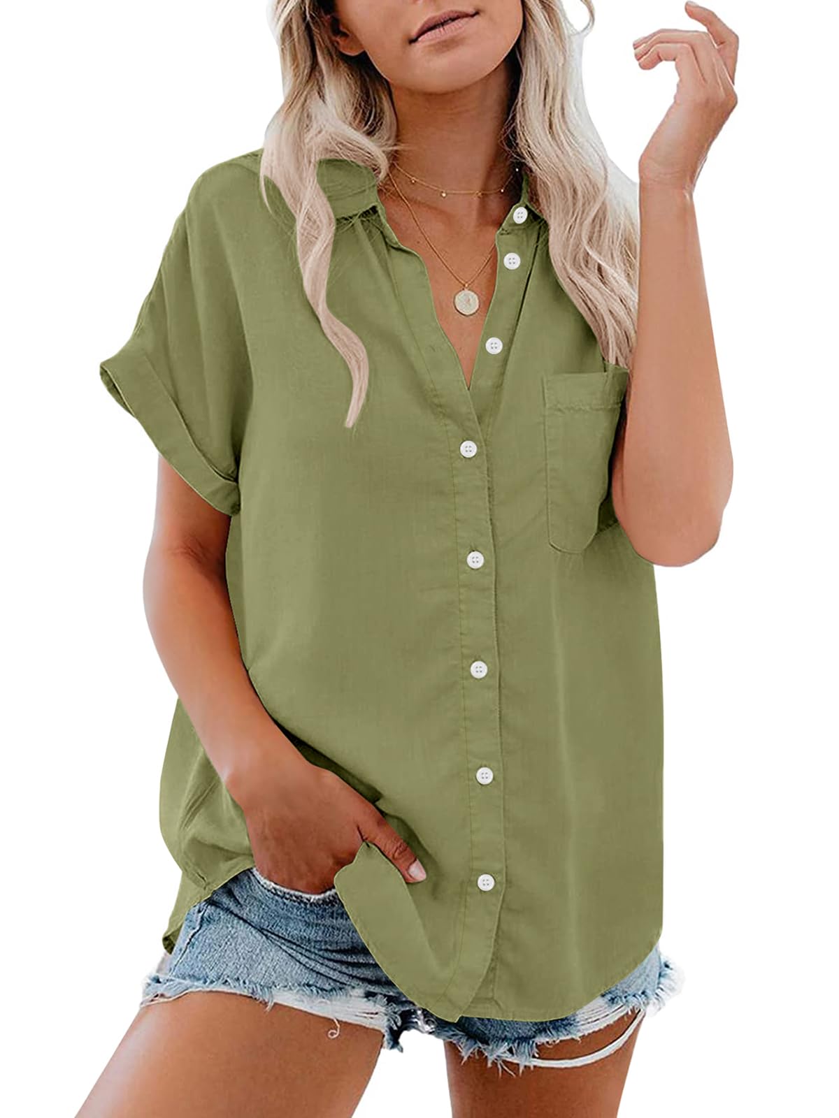 Paintcolors Women's Casual Short Sleeve Button Down Shirts Cotton Blouses V Neck Casual Tunics Solid Color Tops with Pockets