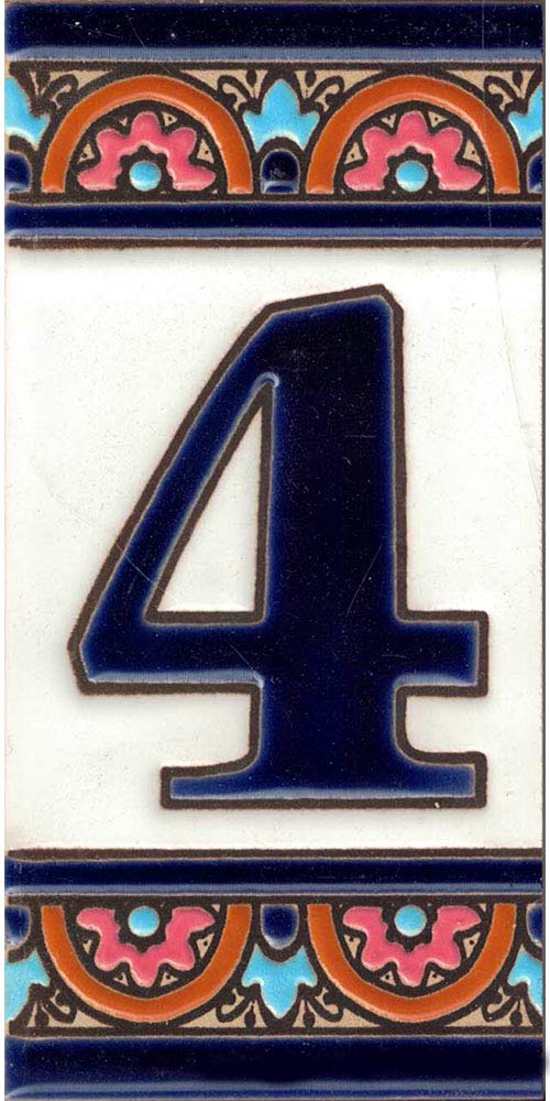 Toro del Oro - House Number - Number for House, Glazed Ceramic, Hand Painted Spanish Technique Cuerda Seca, Names and Addresses, Blue Bow Model 5.5 x 10.5 cm (4)