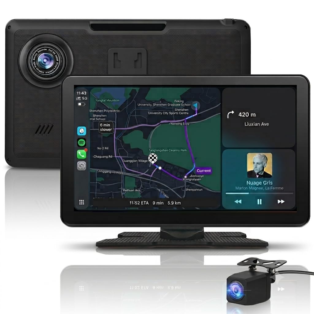 Écran Tactile 9" CarPlay & Android Auto sans Fil avec Dashcam 4K + Caméra Arrière, GPS, Bluetooth, FM, AUX, Lien Miroir, Carte TF 64G