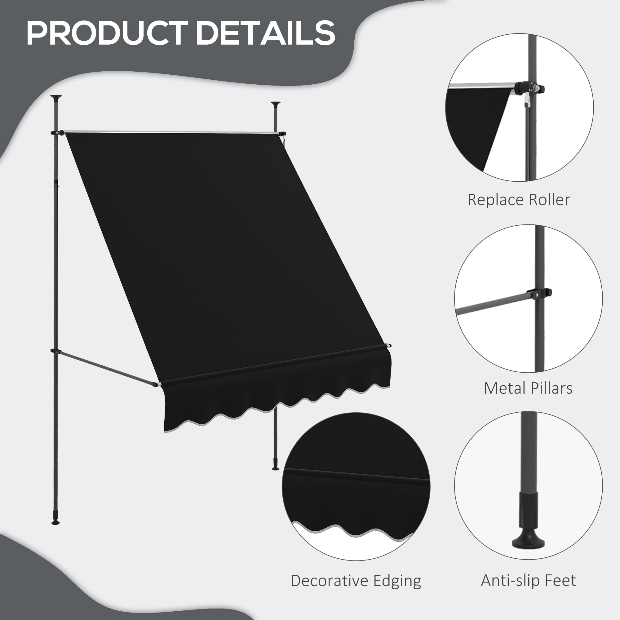 Toldo retráctil manual, 79 pulgadas, sin tornillos, para patio, con soporte de poste de soporte y tela resistente a los rayos UV para ventana, puerta, porche, cubierta, color negro 6