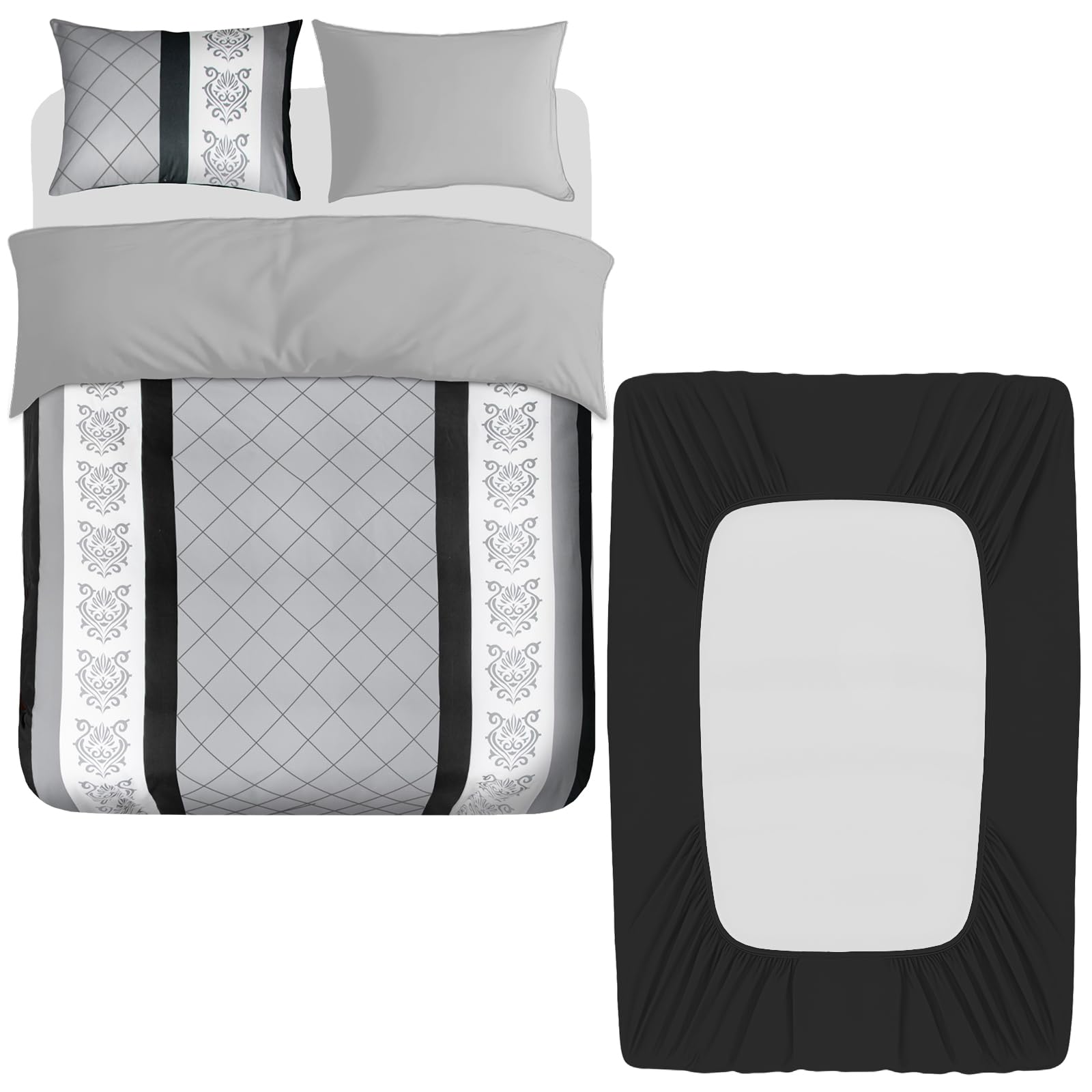 Lazzaro 4 Pcs Double Duvet Set including Matching Black Double Fitted Sheet 40 cm Extra Deep Pocket
