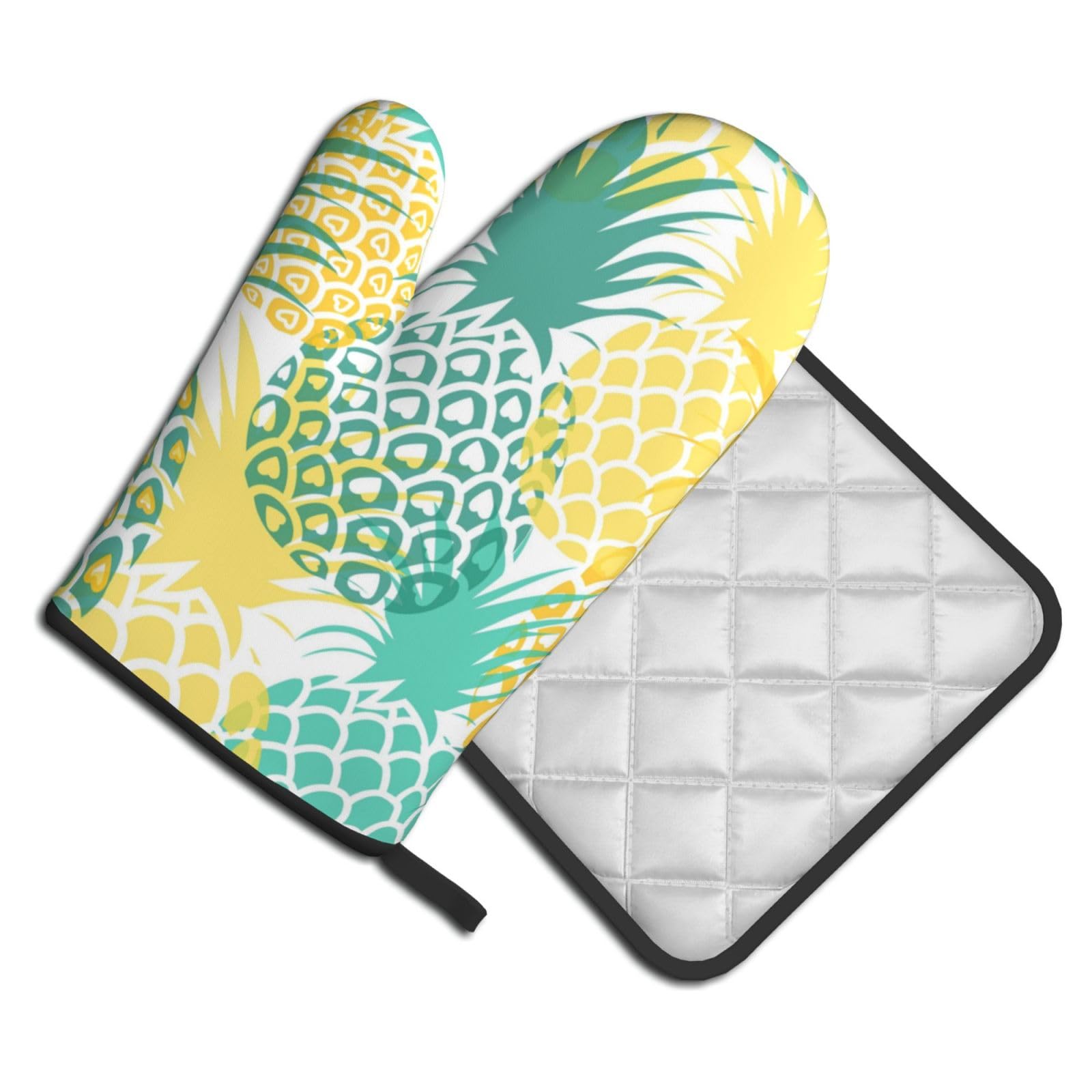 Oven Mitts and Pot Holders Set of 2 Pcs, Tropical Pineapple Printed Heat Resistant Kitchen Gloves Potholders for Cooking Baking Grilling