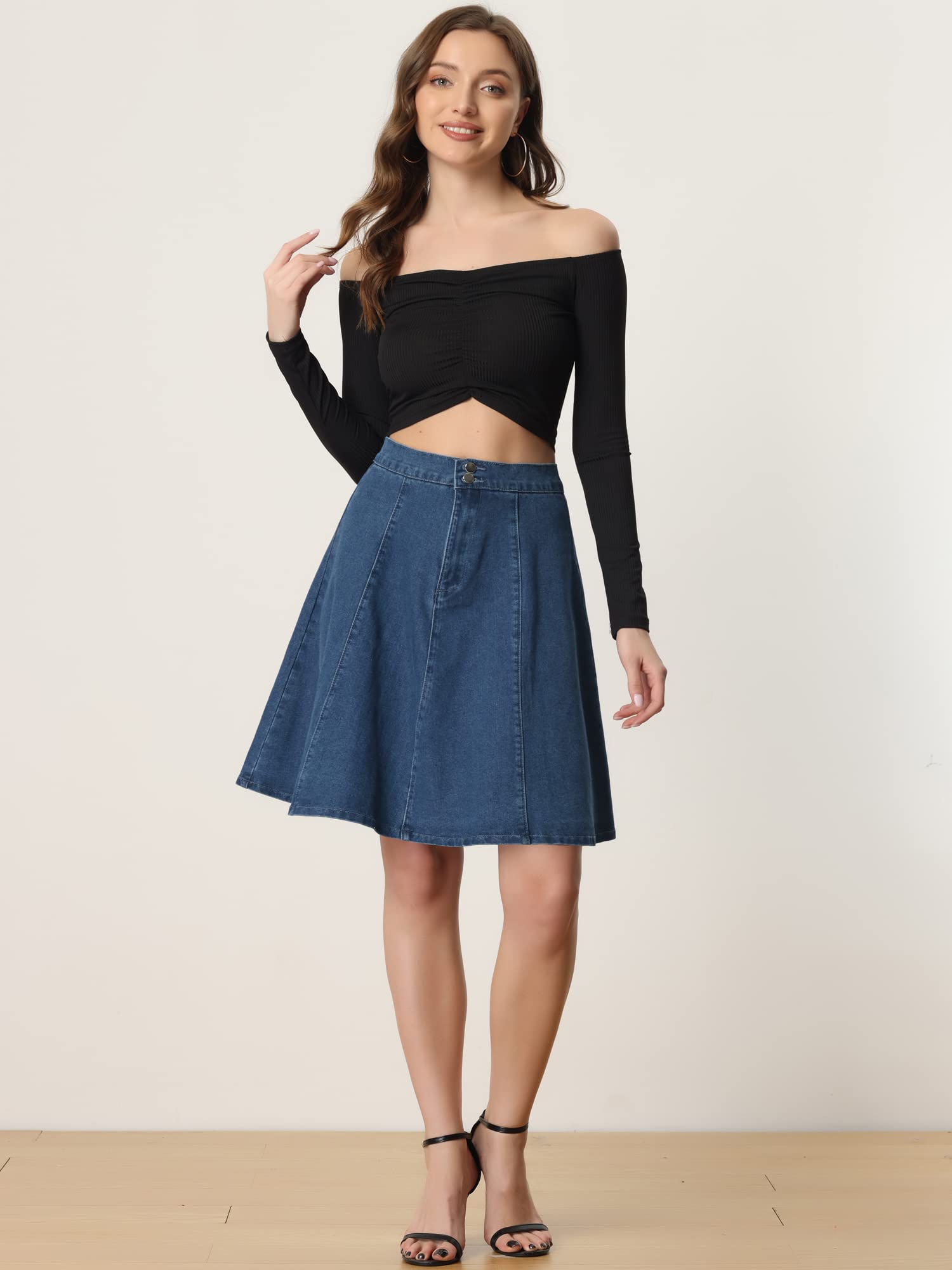 Allegra K Jupe en jean décontractée, évasée, longueur genou, extensible, taille haute | Dos élastique, taille haute, longueur au-dessus du genou, plissé évasé, style Y2K, décontracté, travail, usage quotidien