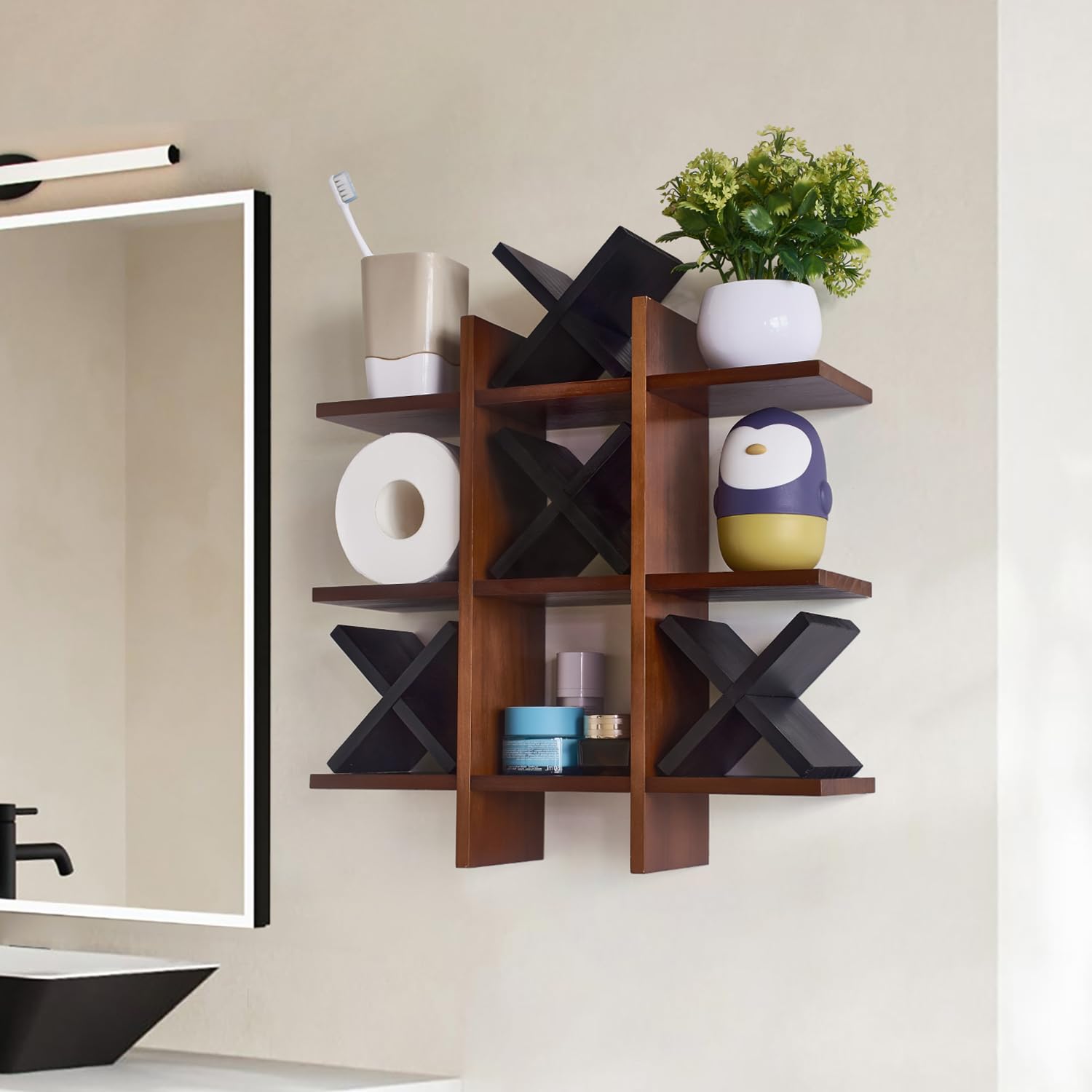DAOYOUSKY Tic Tac Toe - Soporte de papel higiénico con 4 piezas de madera X, rústico montado en la pared, organizador de almacenamiento de papel higiénico con estante, decoración de baño de invitados,