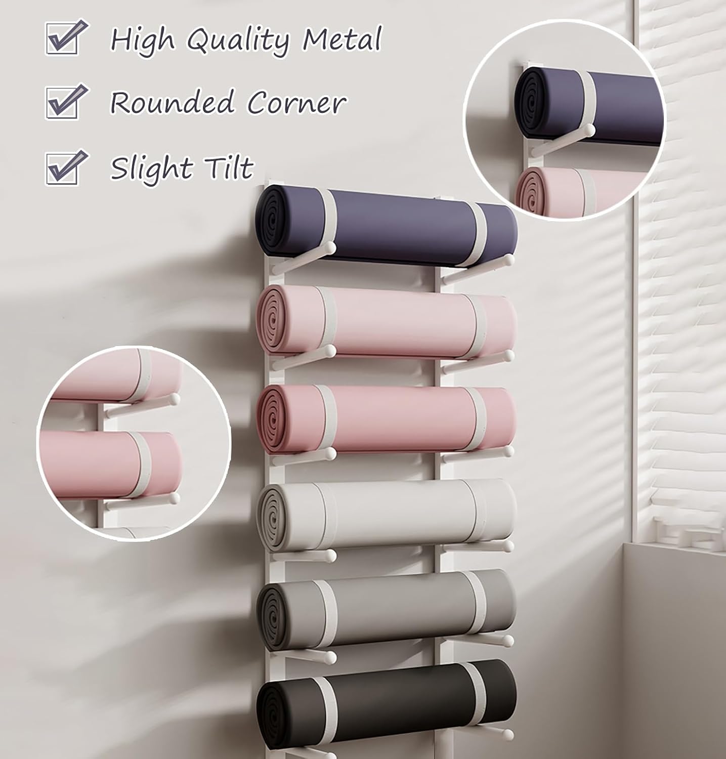 Wall-Mounted Metal Yoga Mat Rack for 9 Mats, Stylish Organizer for Gym Equipment, Foam Rollers, and Yoga Accessories – Elegant Gold Storage Solution image 3