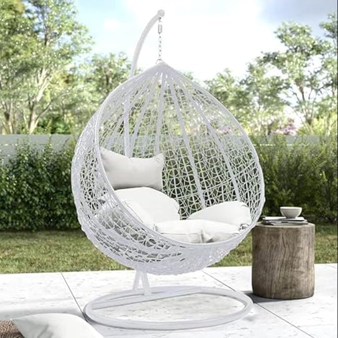 Image of Rattan Single Seater Swing Chair with Stand and Cushion Hammock Swing for Adult Outdoor Indoor Garden Living Room Balcony Relaxing Chair Jhula(White and White)