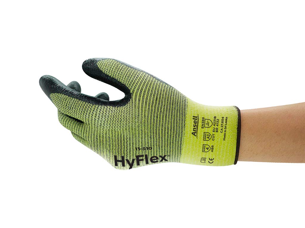 Ansell 115109 HyFlex 11-510 Foam Nitrile Palm Coated Yellow Kevlar Blended Protective Gloves, 10" Length, 5" Width, 0.38" Height, Size 9, Black (Pack of 12)