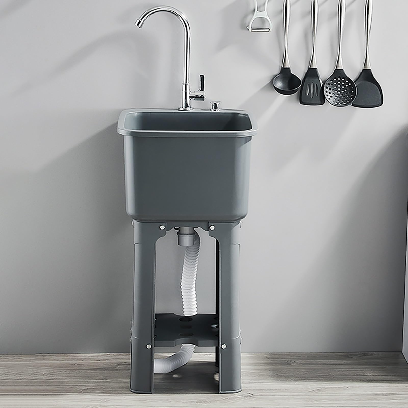 HCZKIUJY Kitchen Utility Sink,Commercial Sink Plastic Utility Freestanding Laundry Drainer Kitchen Restaurant Storage Shelf with Faucet for Outdoor Indoor Garage Laundry/Utility R(Gray-40x40x76.5cm)