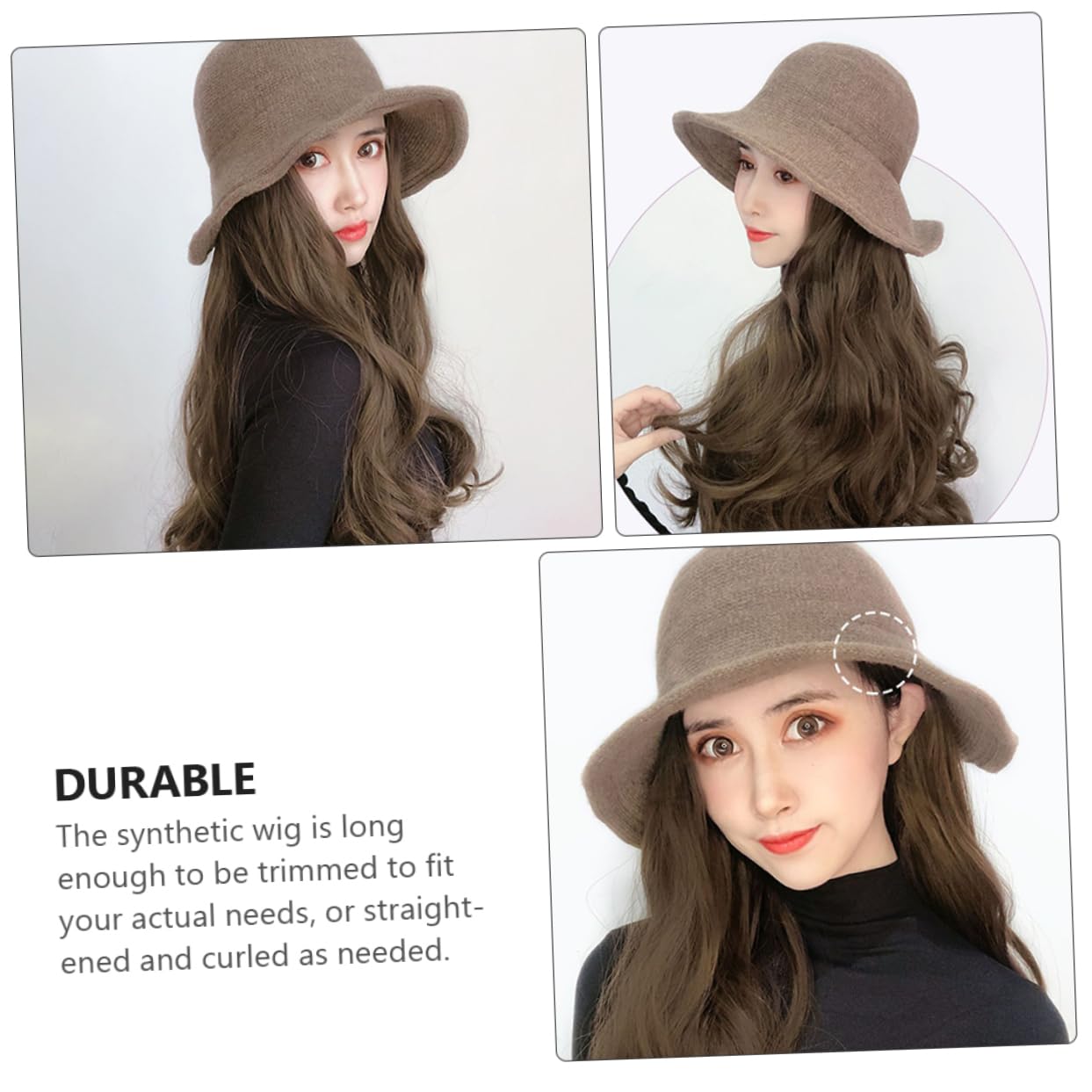 NOLITOY Long Wavy Curly Synthetic Hair Extensions Wig Hat for Women Khaki Fisherman Style Cap with Attached Light Brown Hair for Daily Wear Parties and Gift Giving