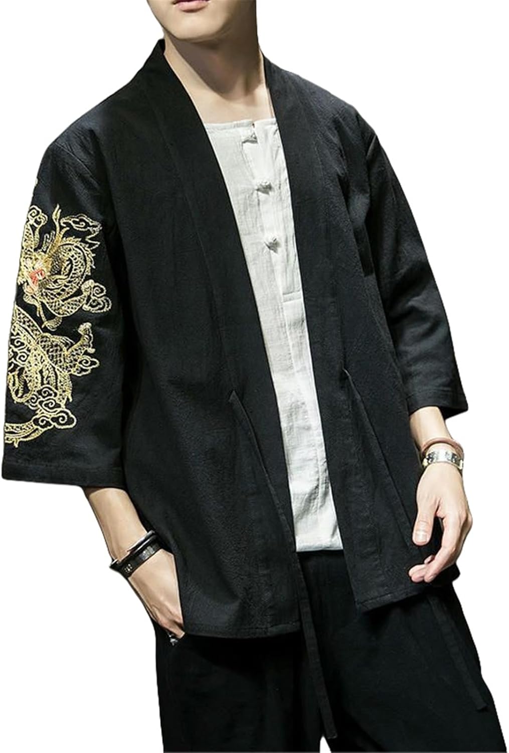 Men's Summer Chinese Style Hanfu Dragon Embroidery Open Front Shirt Khaki Taoist Robe Style