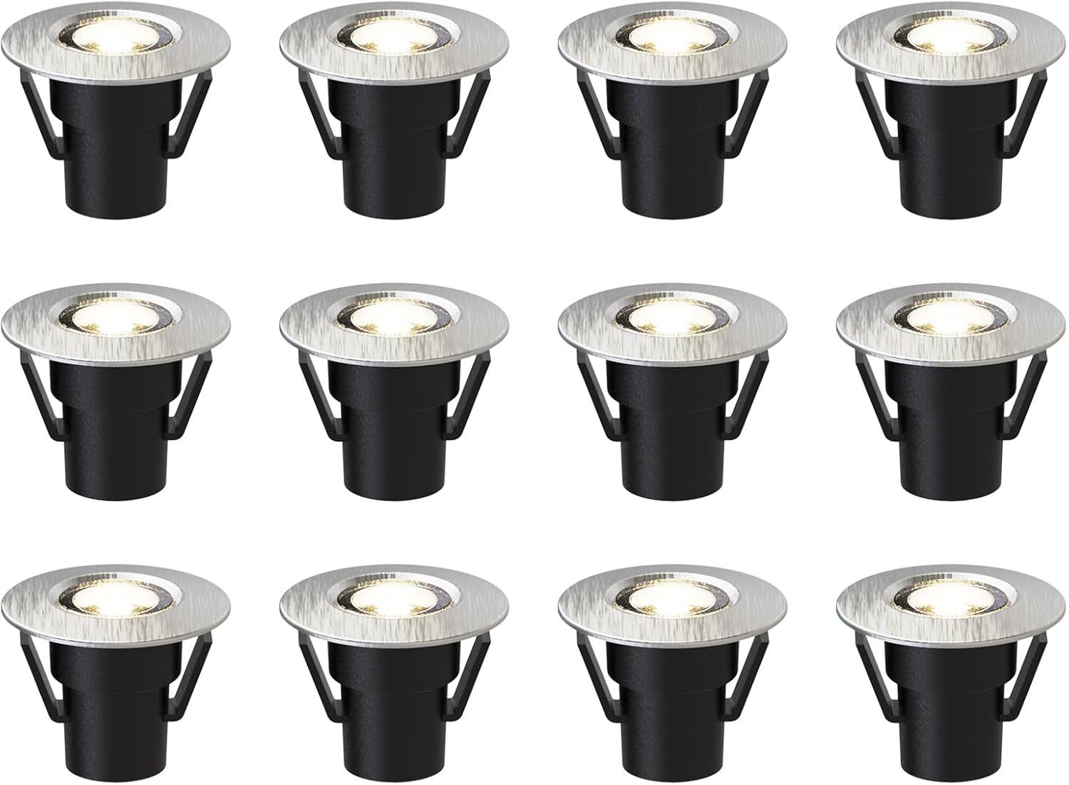 Malibu Outdoor 0.6W LED Deck Lights 12V In-Ground Landscape Lights 12PK Low Voltage Well Lighting Kit with Stakes, Connectors 7 Lumen 3200K Black Finish Warm White Floodlights for Balcony Step Garden