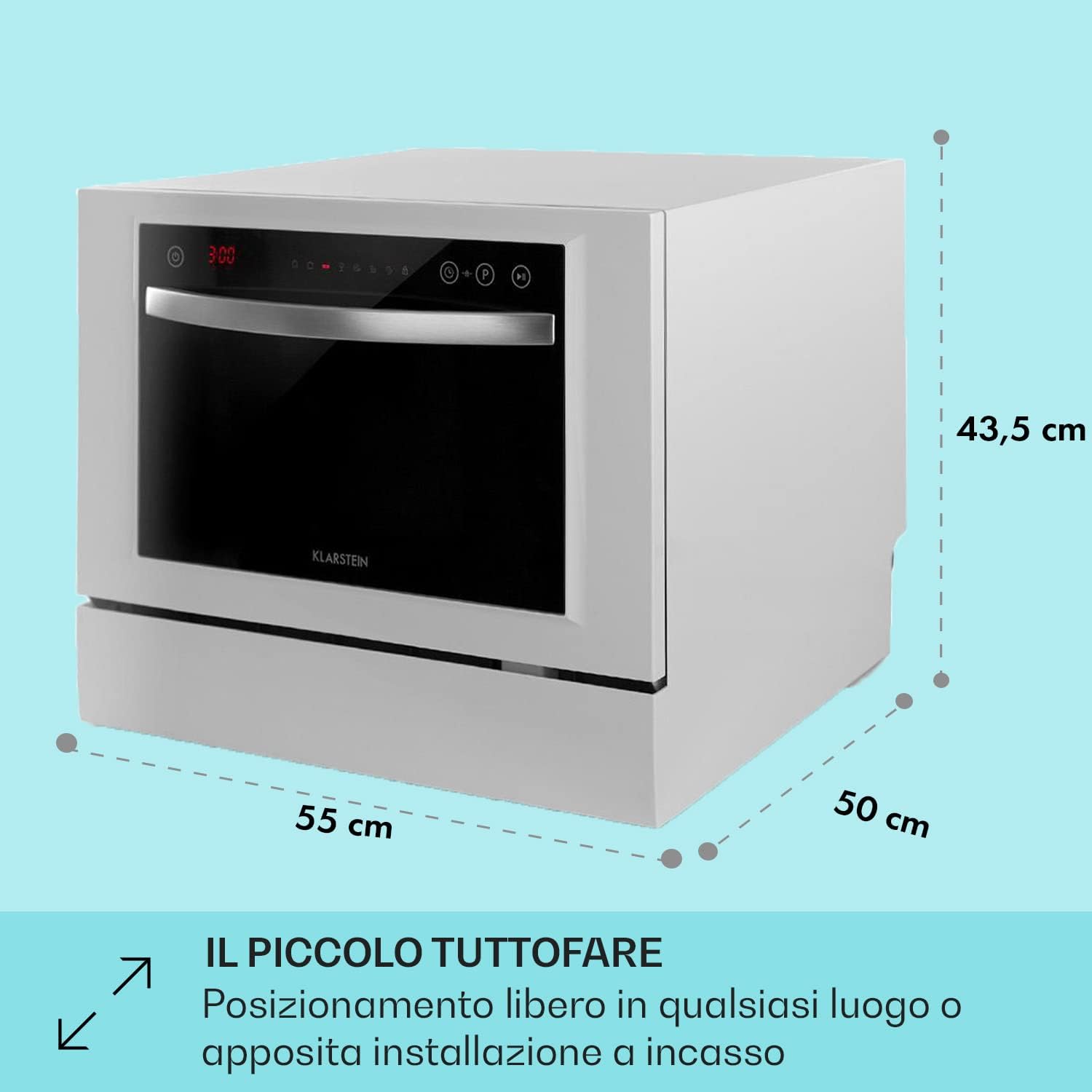 Klarstein Amazonia 8 - Mini Lavastoviglie, Classe A+, 1620 Watt, Posizionamento Libero, 6 Programmi, 2 Ripiani per Posate Estraibili, Aquastop, Tubo di Scarico Preinstallato, Nero [Classe di efficienza energetica F]