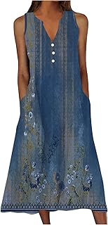 Women's Plus Size Summer Floral Print Casual Dress Vintage Sleeveless Neck V-Neck Long Tank Dress with Pockets