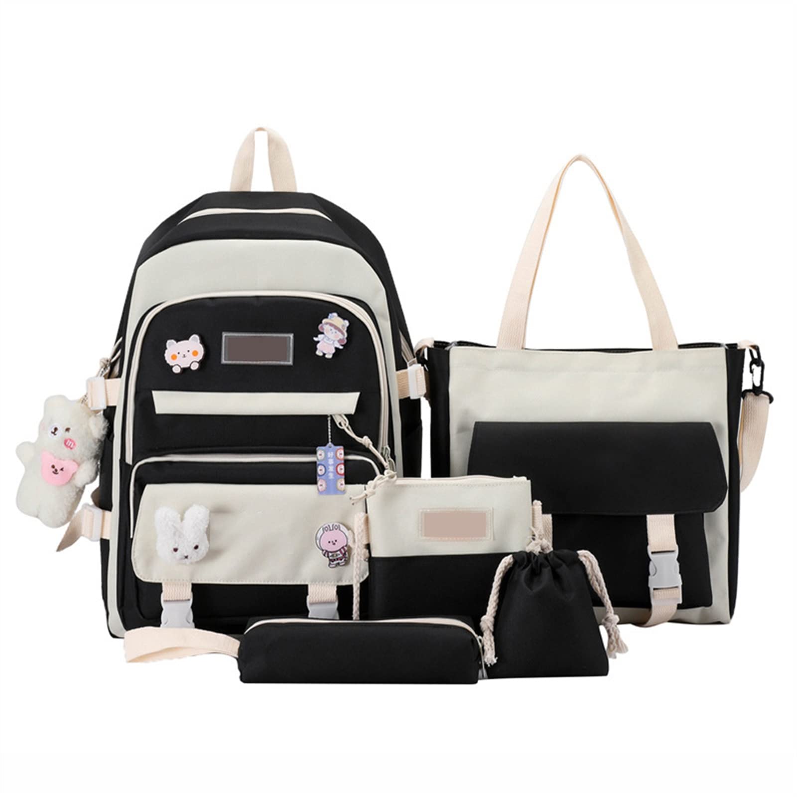 XTRANSF Kawaii Backpack 5pcs Set Aesthetic School Bags, Japanese Backpack with Badge & Pendant, Backpack Cute Aesthetic (E-Black)