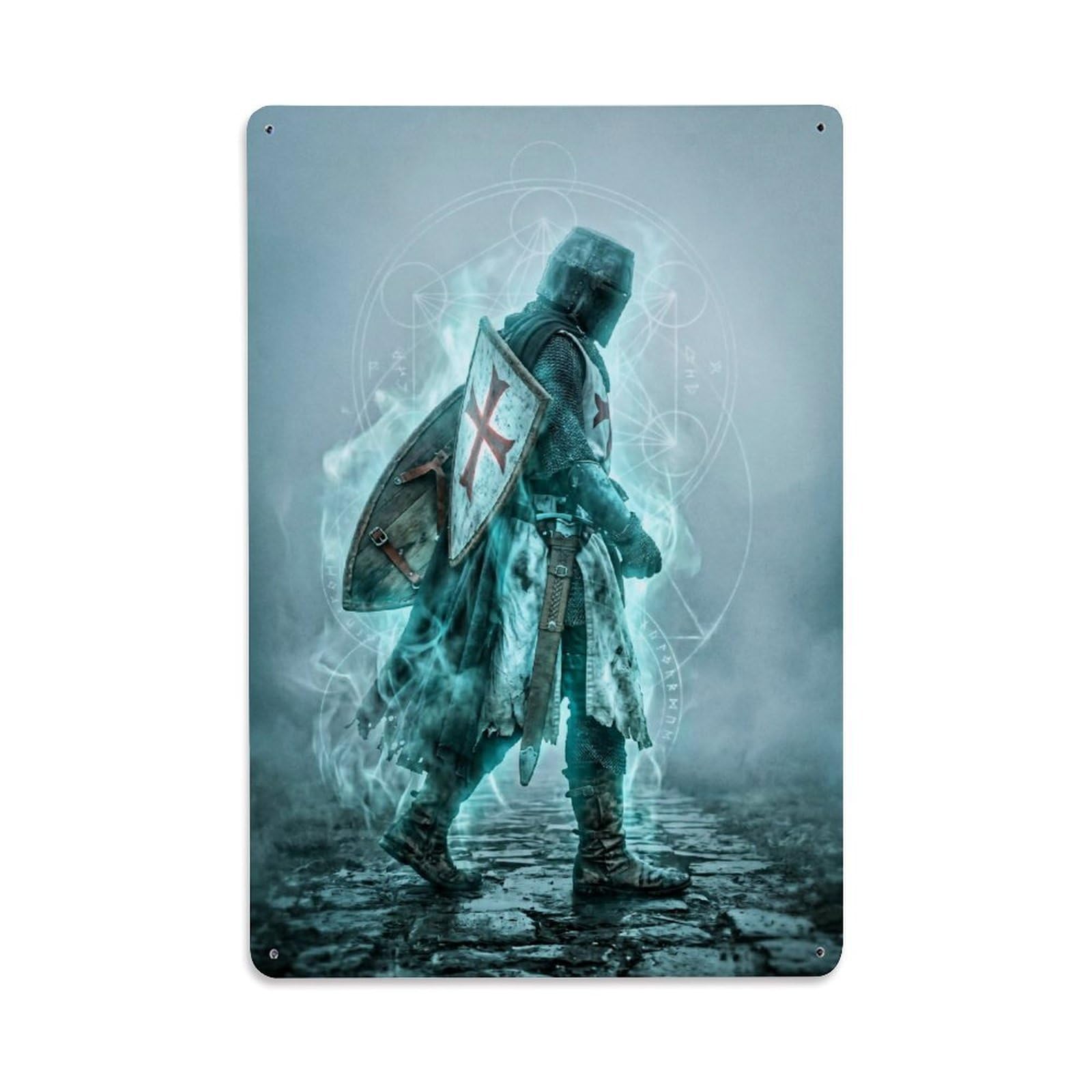 Olhnbad Style Medieval Crusader Standing Guard Armour Ethereal Metal Tin Sign
