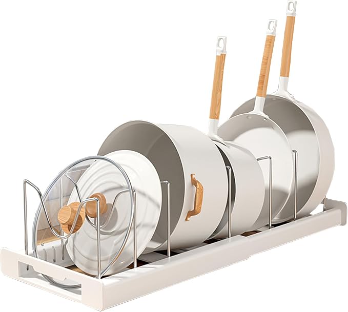 Pots and Pans Organizer Under Cabinet Pot Rack: Expandable Pot Lid Holder with 7 Adjustable Dividers for Kitchen Storage Cutting Boards, Bakeware, Lid, Apricot