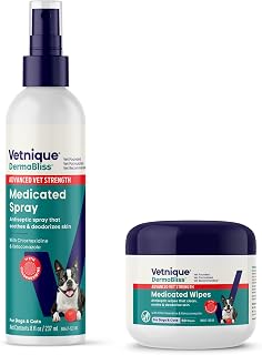 Vetnique Dermabliss Medicated Chlorhexidine Spray (8oz) and Chlorhexidine Wipes for Dogs (50ct), Dog Skin Infection Spray and Pet Wipes Bundle