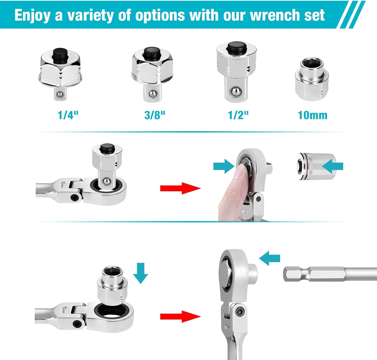 DURATECH 27PCS Extra Long Flex Head Ratcheting Wrench Set, 8-22mm, Double Box End Ratchet Wrench Set with E-type 8-22mm Replacement Heads, 10x19mm, 1/4", 3/8", 1/2" Socket Adapters