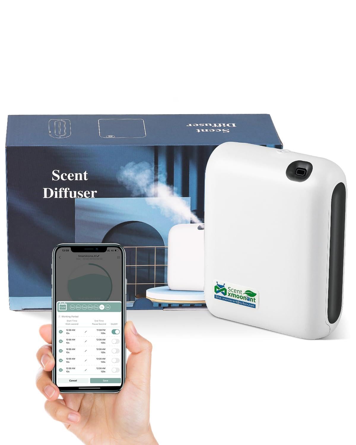 Mxmoonant Diffusore di Oli Essenziali senza Acqua con Nebbia Fredda, Copertura 60-100㎡, Bottiglia di Olio da 200ml, da Parete, App Control&Timer, per Grandi Ambienti, Casa, Ufficio, Negozio