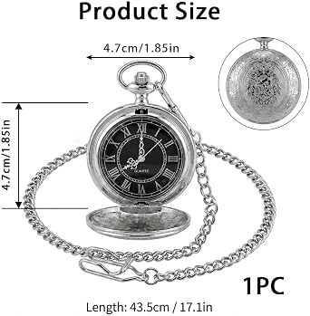 Quartz Pocket Watch for Men with Chain and Black Dial, Vintage Pocket Watch