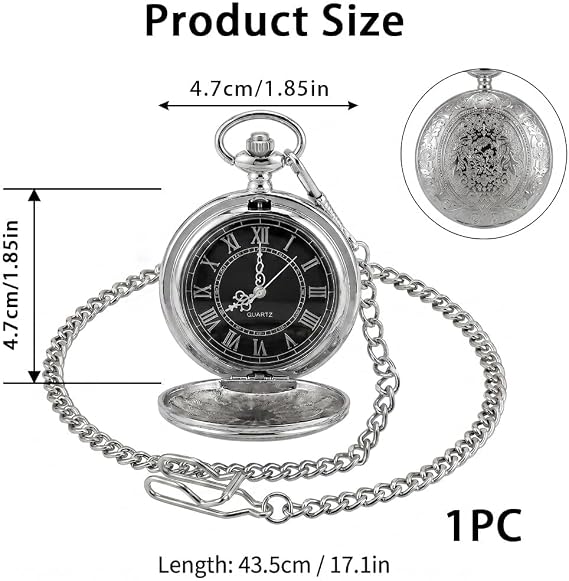 Quartz Pocket Watch for Men with Chain and Black Dial, Vintage Pocket Watch