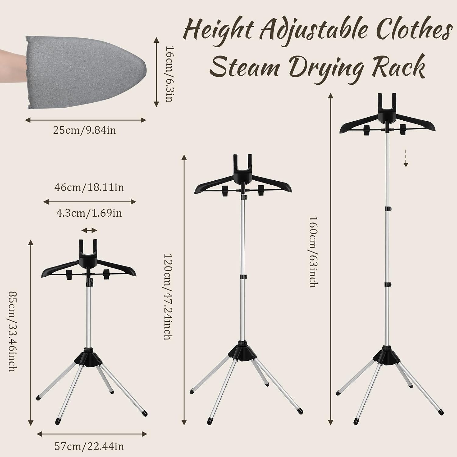 Adjustable Garment Steamer Rack with Garment Ironing Glove, Portable Foldable Clothes Steamer Stand Hanger Handheld Hanging Ironing Stand for Dresses Pants Shirts (32-63 Inch)