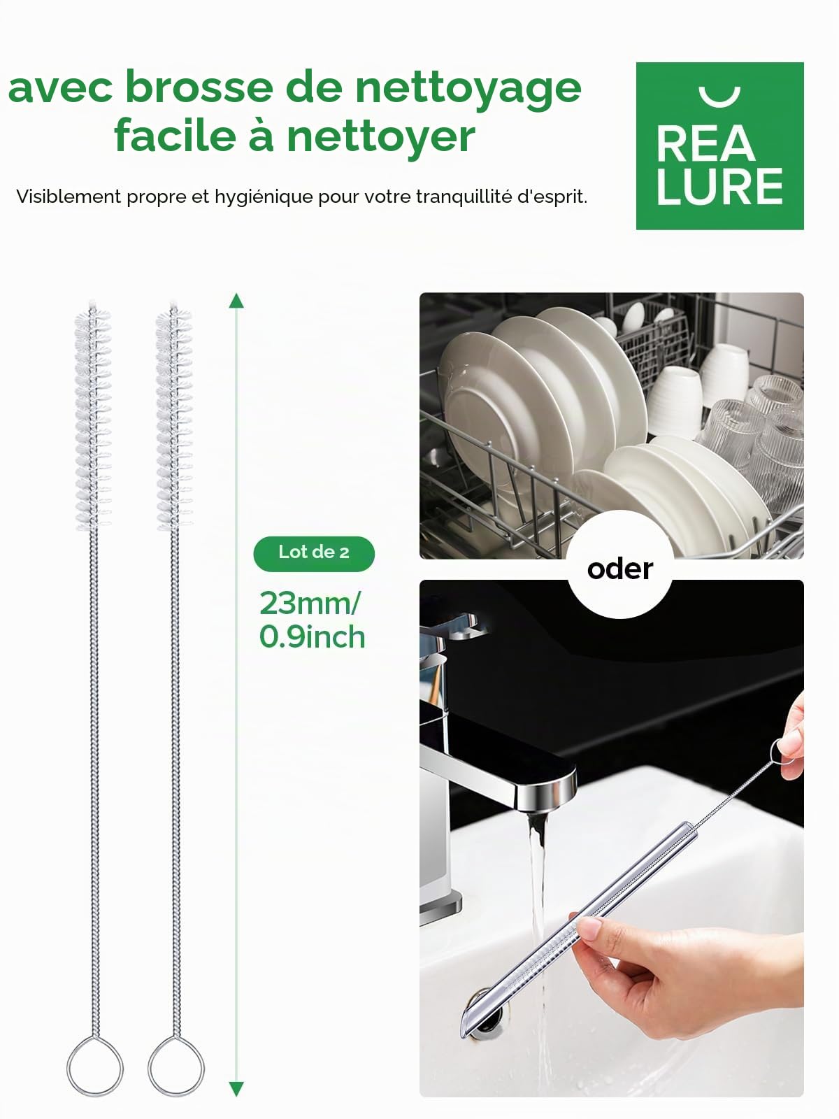 Realure Lot de 4 Pailles en Verre Transparente 14mm 21.5cm pour Bubble Tea Smoothie Cocktail