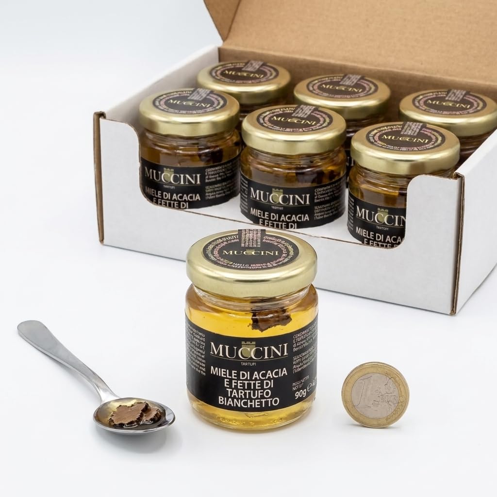 Muccini Miele di Acacia con Fette di Tartufo Bianchetto, Vaso da 90g (Confezione da 6 Vasi)