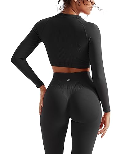 SUUKSESS Women 2 Piece Workout Sets Hidden Scrunch Hip Lifting Seamless Leggings Long Sleeve Yoga Crop Tops - Medium - Black