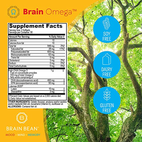 Brain Bean Brain Omega With Lutein & Zeaxanthin, Supports Heart And Eye Health, | Omega 3 Plus Lutein And Zeaxanthin Supplements 460 Mg Dha 90 Mg Epa Lutein And Zeaxanthin | 180 Softgels, 90 Servings #TOP3