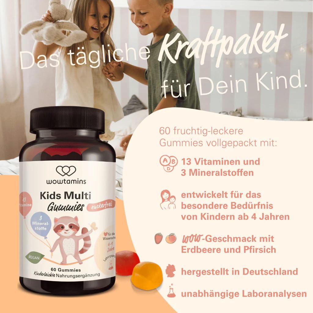 wowtamins Kids Multi Gummies zuckerfrei - Vitamine für Kinder (30-Tage-Vorrat) mit 13 Vitaminen & 3 Mineralstoffen - Nahrungsergänzungsmittel als hochdosierte & Vegane Multivitamin Gummies