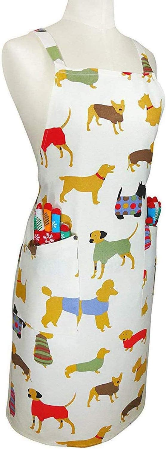 100% Cotton Canvas Apron, Dog Print Kitchen Chef's Aprons with Adjustable Straps, Cross Back for Home, Artist, Crafting, Restaurant (27" X 34", Adjustable M-XXL)
