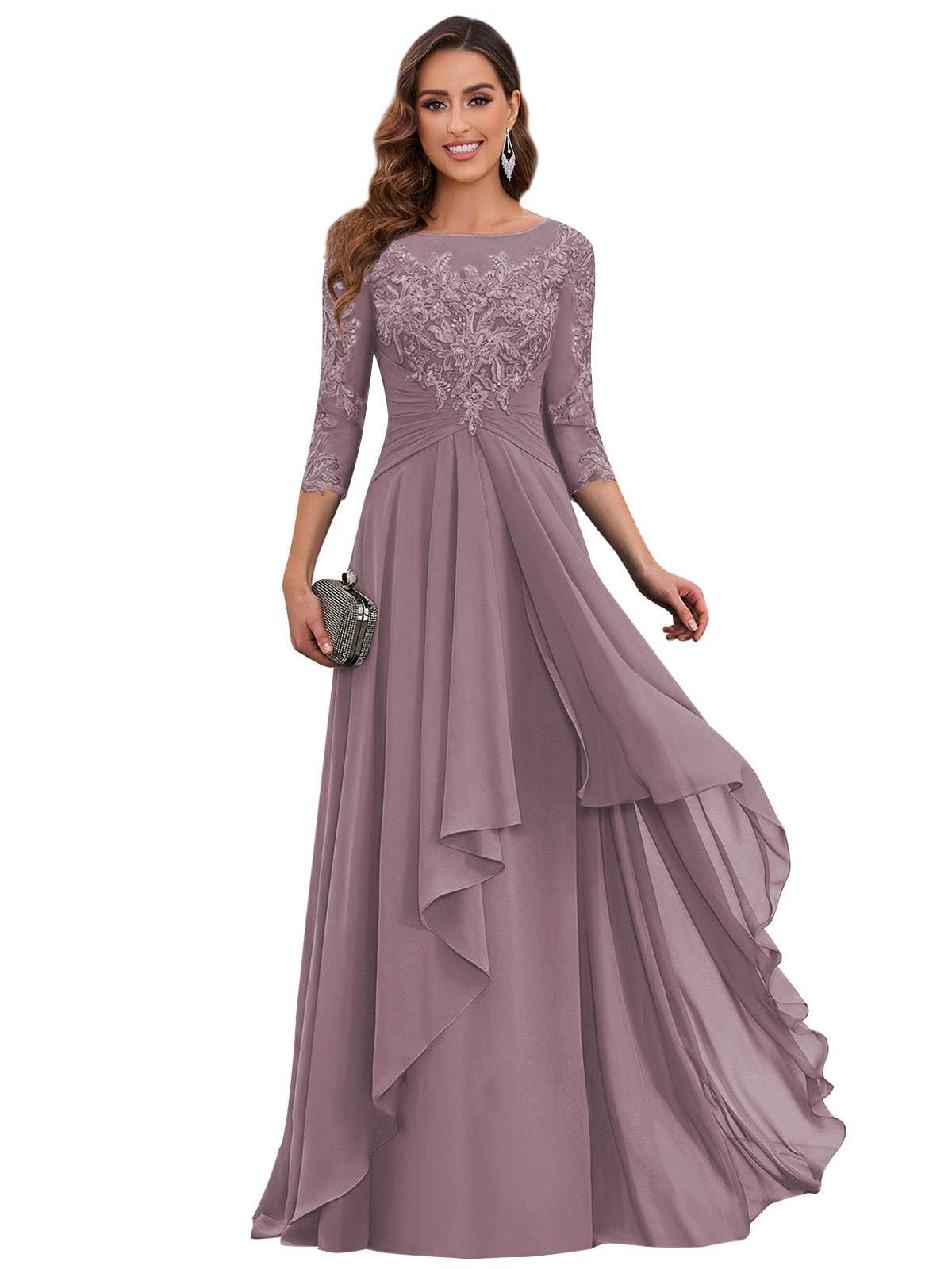Mother of The Bride Dresses Long Chiffon - 3 4 Sleeves Lace Applique Ruffles Formal Wedding Guest Dress