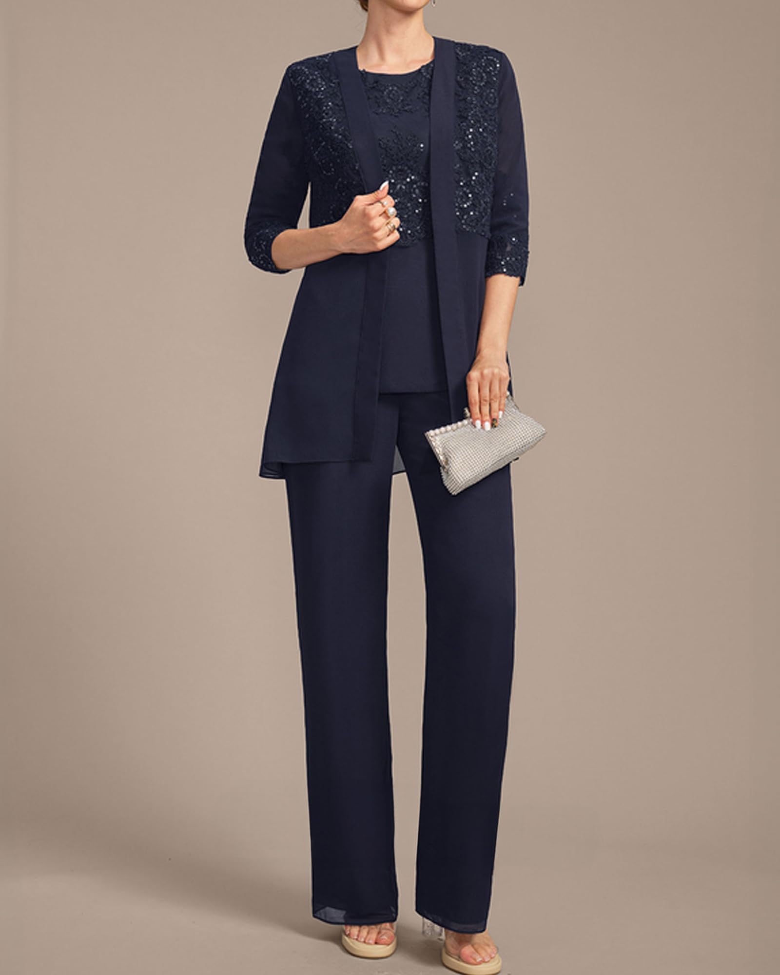 Hosenanzug Damen Festlich Elegant,Spitze 3/4 Ärmel Hosenanzug mit Jacke Damen Chiffon Sportlich Kleider für Hochzeitsgäste