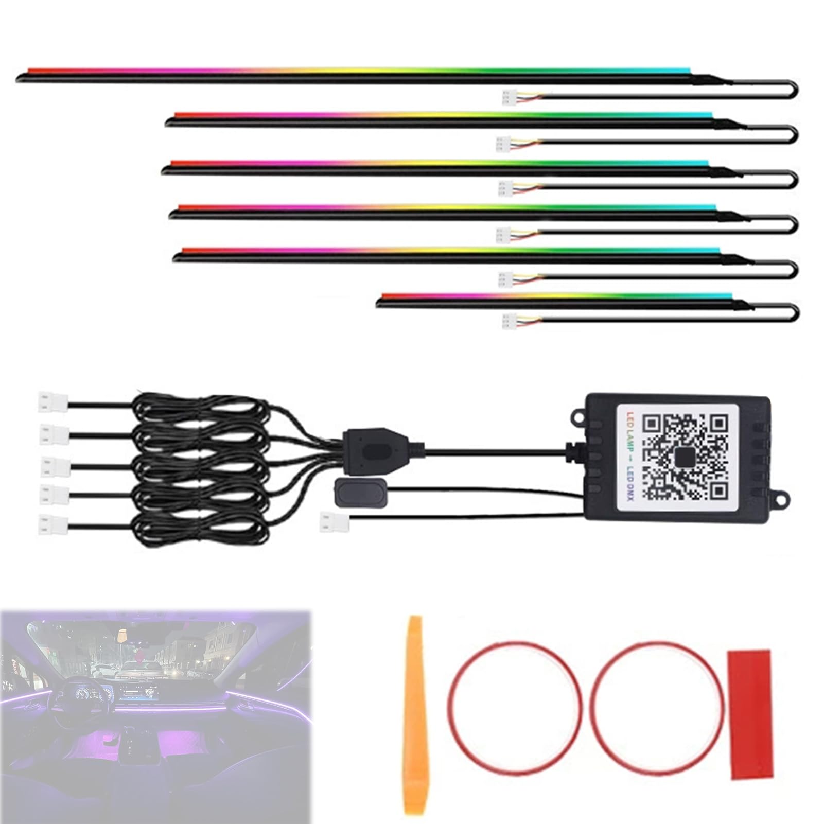 Illuminazione Interna a LED per Auto,6 in 1 RGB Illuminazione Interna per Auto, LED Illuminazione Ambientale,210 Modalità di lampeggiamento,Controllo Tramite APP,Atmosfera Decorativa Universale