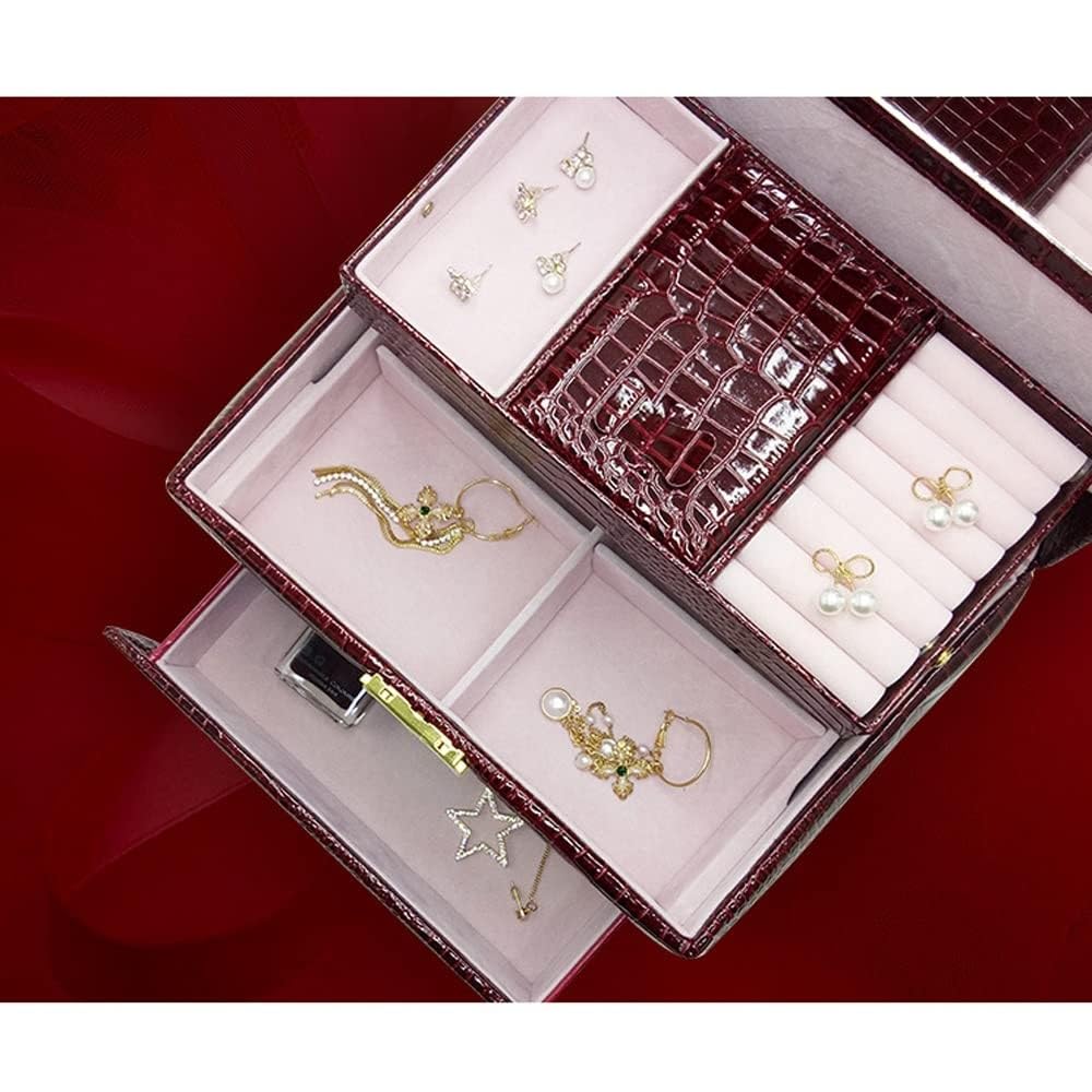 Joyero organizador, estuche de almacenamiento multicapa de piel sintética con espejo para collares, anillos, aretes y pulseras