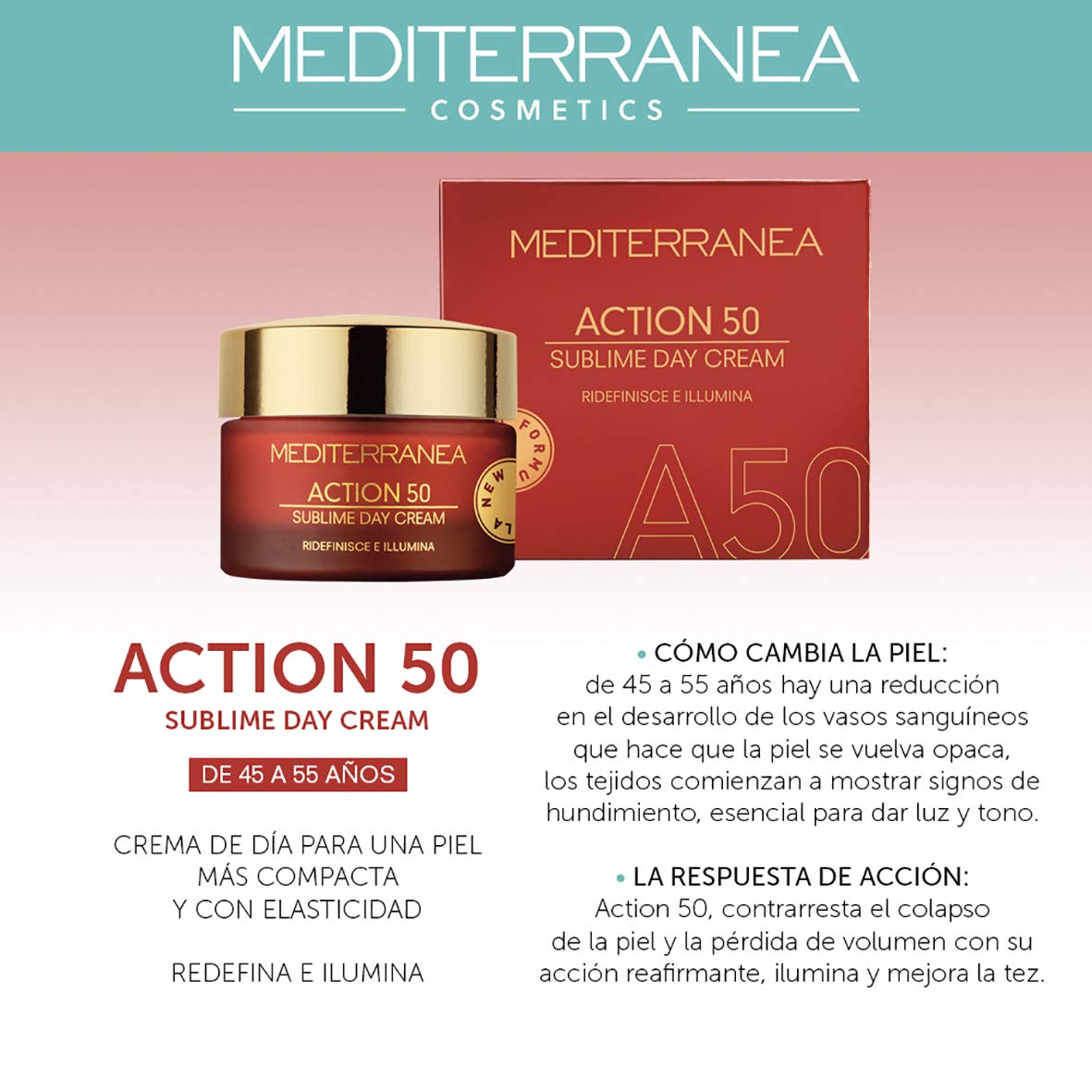 MEDITERRANEA COSMETICS Crema Giorno Viso Anti-Età Idratante, Illuminante e Ristrutturante con Agnocasto, Niacinamide e Filtri Solari Linea Action 50 Sublime Day Cream– 50 ml