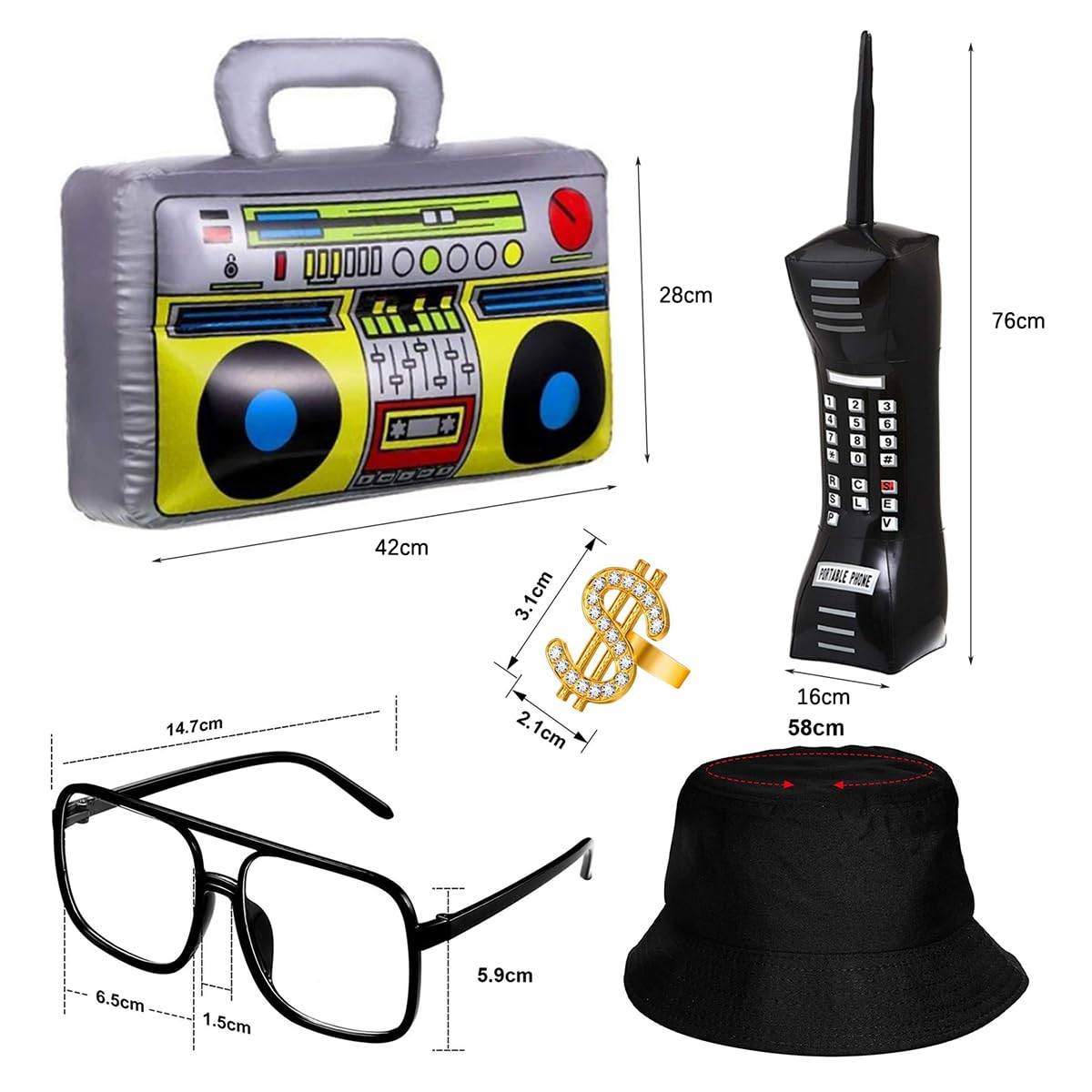 Hsthe Sea 6PCS Hip Hop Fancy Dress Accessories Rapper Costume Set Gold Necklace Ring Fisherman's Hat Glasses Set for Hippie Glasses Disco Theme Party - Image 3