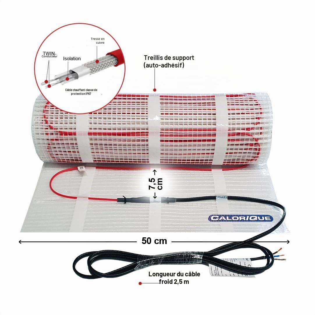 Tapis de câbles chauffants électriques CALORIQUE - 1,0 m² - Chauffage au sol électrique efficace 150 W/m²- Technologie TWIN - [A +++]