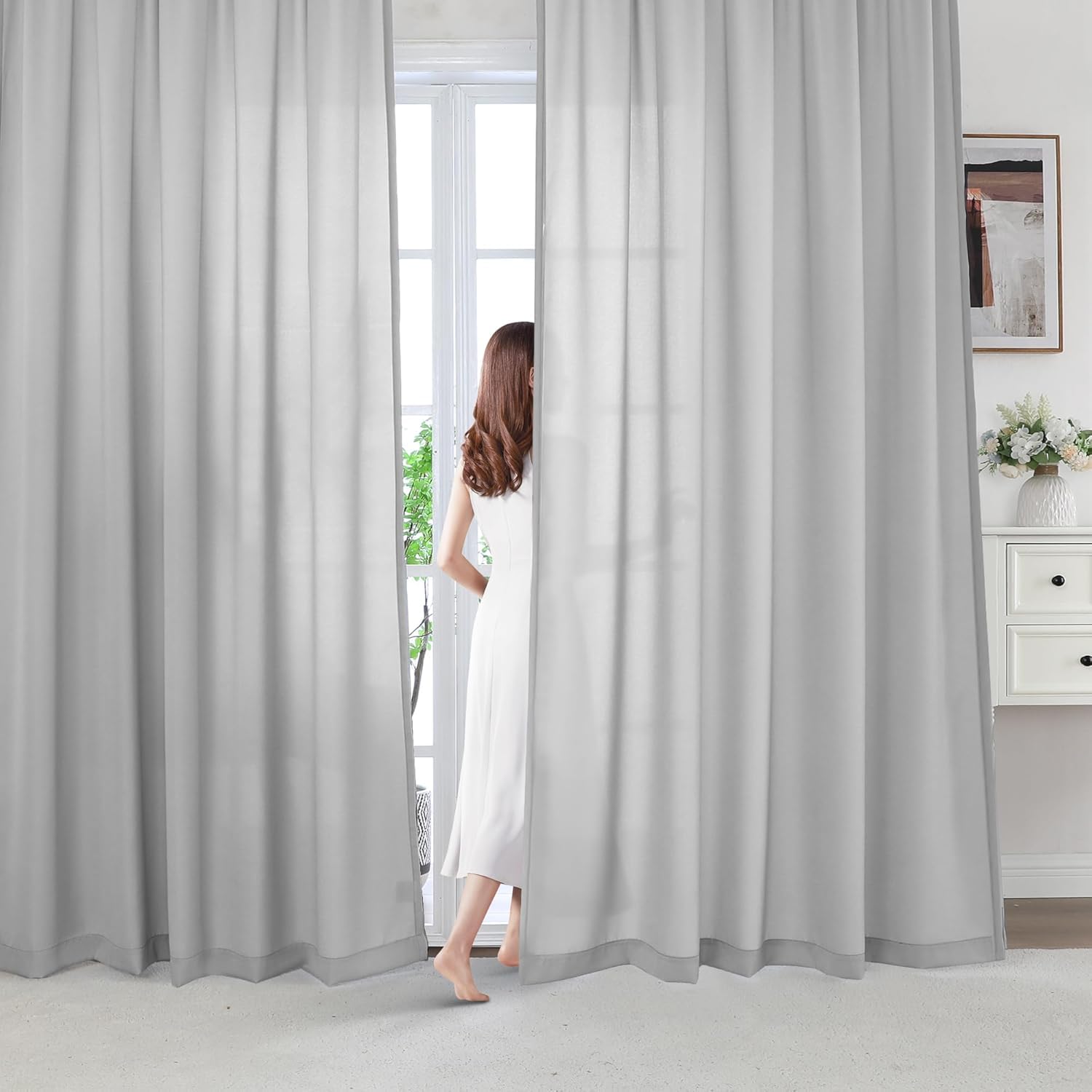 BellaHills Kurz Gardinen Voile Vorhänge Wohnzimmer mit Ösen Stores Gardinen Halbtransparent für Schlafzimmer Sheer Curtains 2er Set H122xB140cm Grau