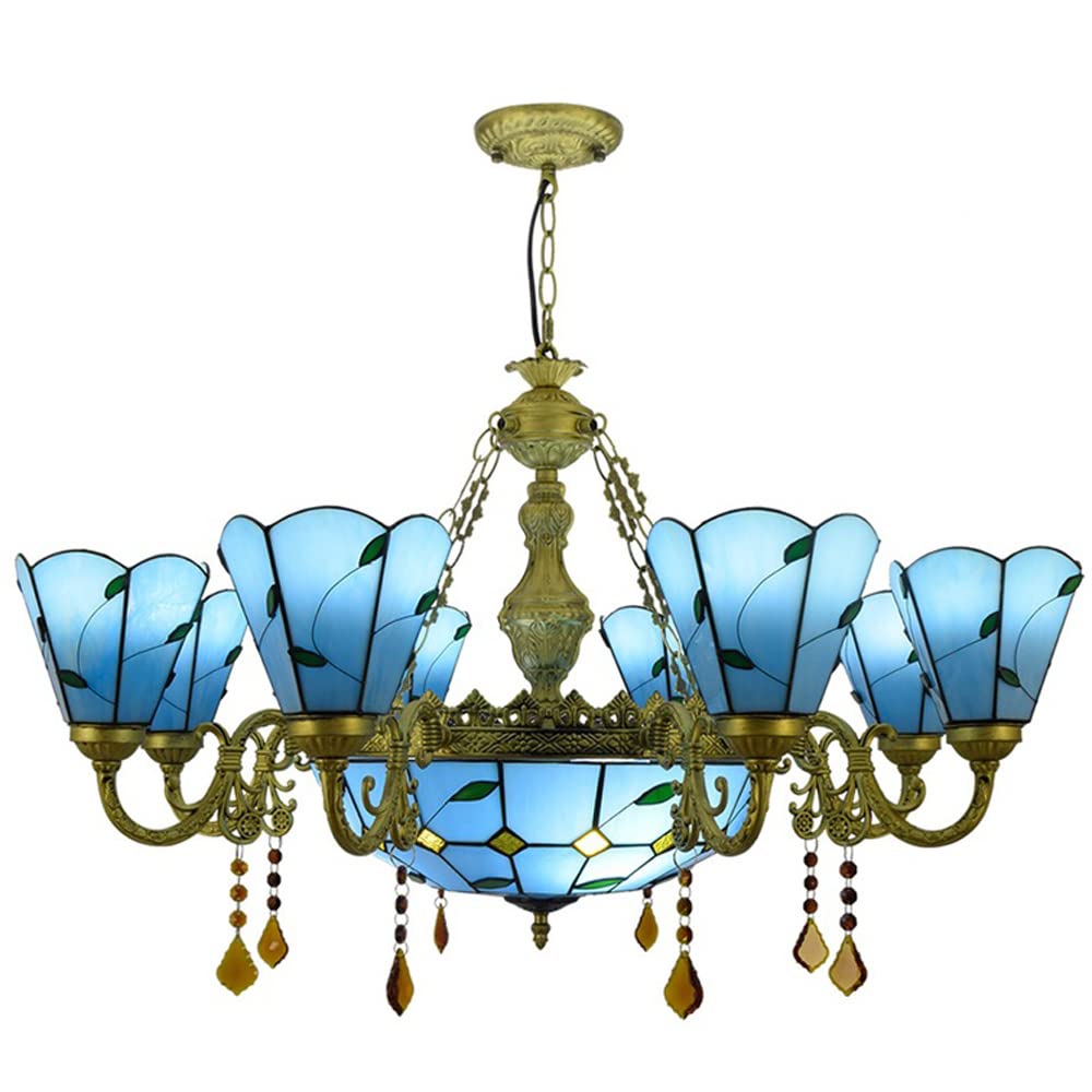 FYZDLAOR 8+1-Light Chandelier,with Leaf Pattern Blue Lampshade Pendant Light Light Fixtures,Tiffanystyle Stained Glass Hanging Light Wide 36 Inch with Crystal Pendant