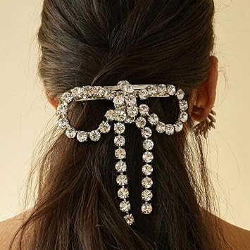Sparkly Rhinestone Bling Hair Clips Silver Bow Spring Hair Barrettes Hair Accessories Crystal Tassel Ponytail Holder Side Clips for Women