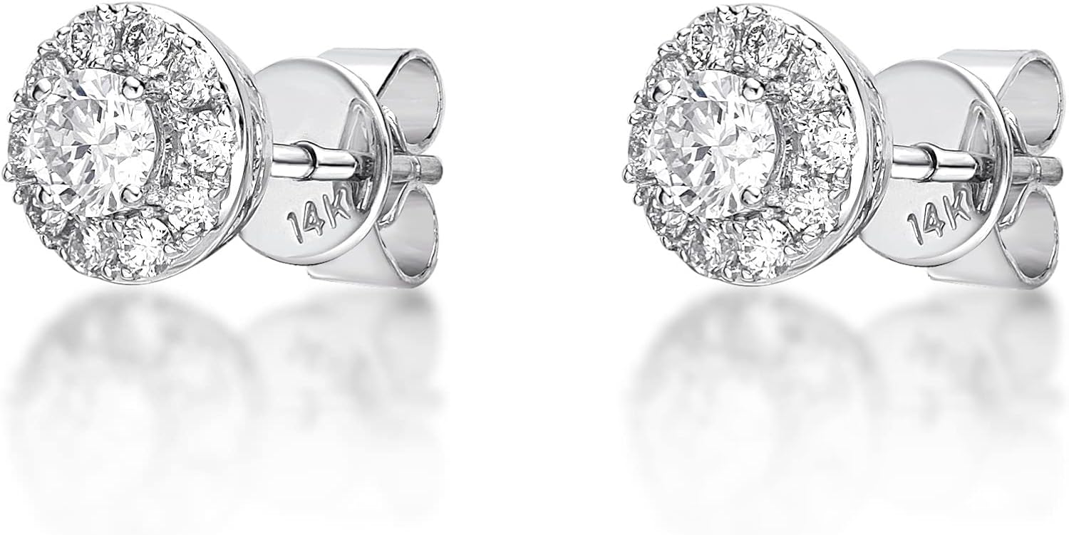 1/2 to 1 Carat Lab Grown Diamond Round Halo Stud Earrings for Women in 14k White Gold (G-H, VS2-SI1, cttw) Post With Friction Back by Lavari Jewelers