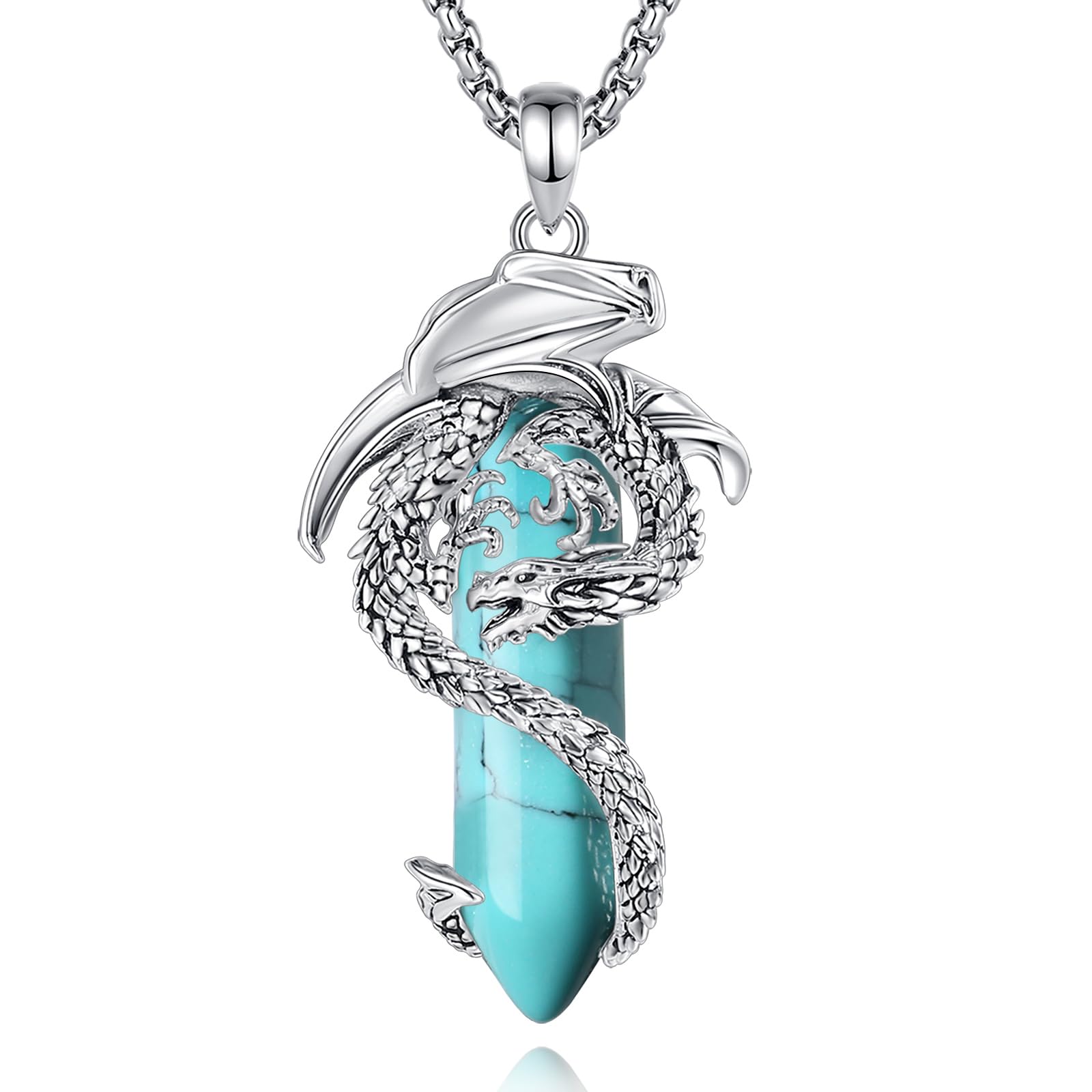 Argento Placcato Collana con Drago Rame per Donna, Cristallo Curativo Ossidiana/Quarzo Rosa/Ametista/Malachite/Turchese Ciondolo Amuleto Protezione Regalo Gioielli, 22"